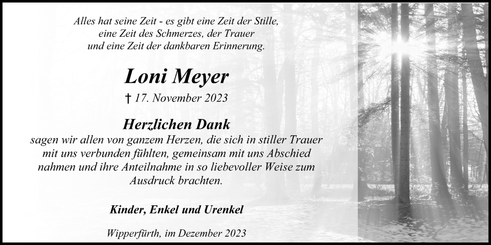  Traueranzeige für Loni Meyer vom 23.12.2023 aus Kölner Stadt-Anzeiger / Kölnische Rundschau / Express