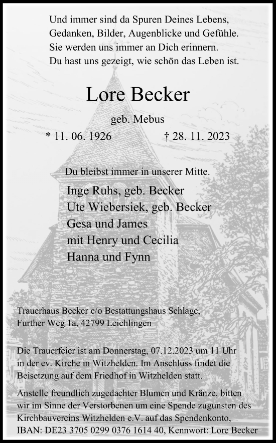 Anzeige von Lore Becker von Kölner Stadt-Anzeiger / Kölnische Rundschau / Express