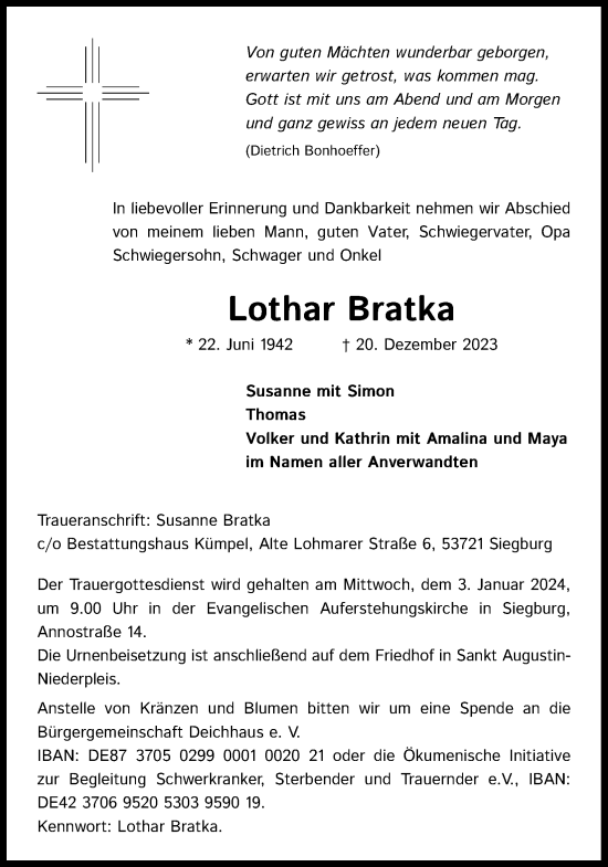 Anzeige von Lothar Bratka von Kölner Stadt-Anzeiger / Kölnische Rundschau / Express