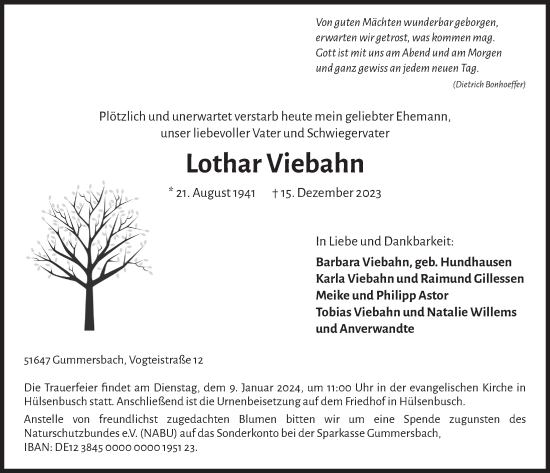 Anzeige von Lothar Viebahn von  Anzeigen Echo 