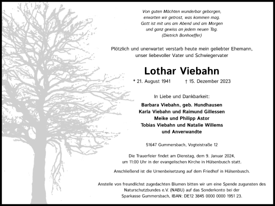 Anzeige von Lothar Viebahn von Kölner Stadt-Anzeiger / Kölnische Rundschau / Express
