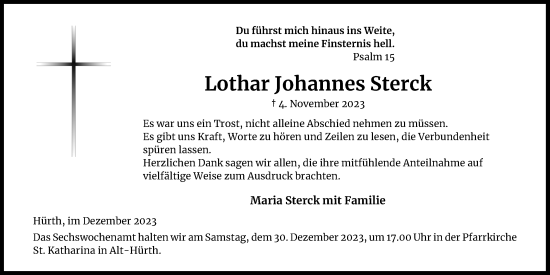 Anzeige von Lothar Johannes Sterck von Kölner Stadt-Anzeiger / Kölnische Rundschau / Express