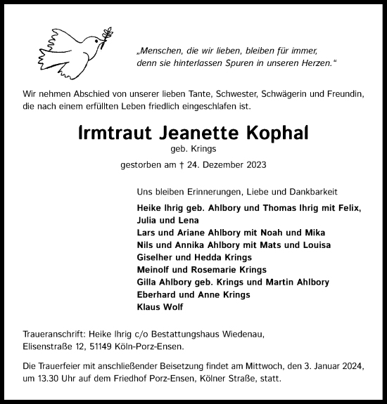 Anzeige von lrmtraut Jeanette Kophal von Kölner Stadt-Anzeiger / Kölnische Rundschau / Express