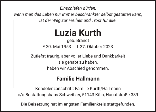 Anzeige von Luzia Kurth von  Bergisches Handelsblatt 