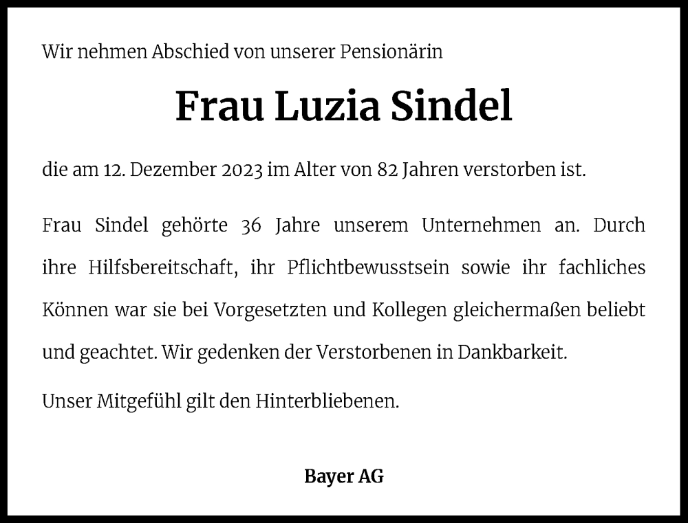  Traueranzeige für Luzia Sindel vom 28.12.2023 aus Kölner Stadt-Anzeiger / Kölnische Rundschau / Express