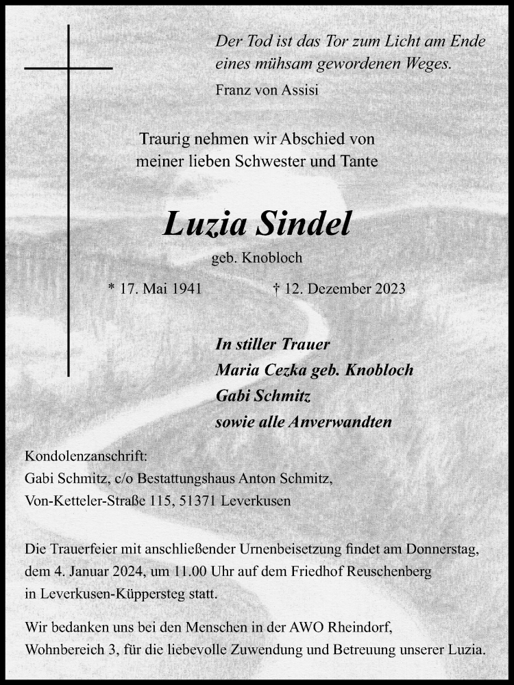  Traueranzeige für Luzia Sindel vom 30.12.2023 aus Kölner Stadt-Anzeiger / Kölnische Rundschau / Express