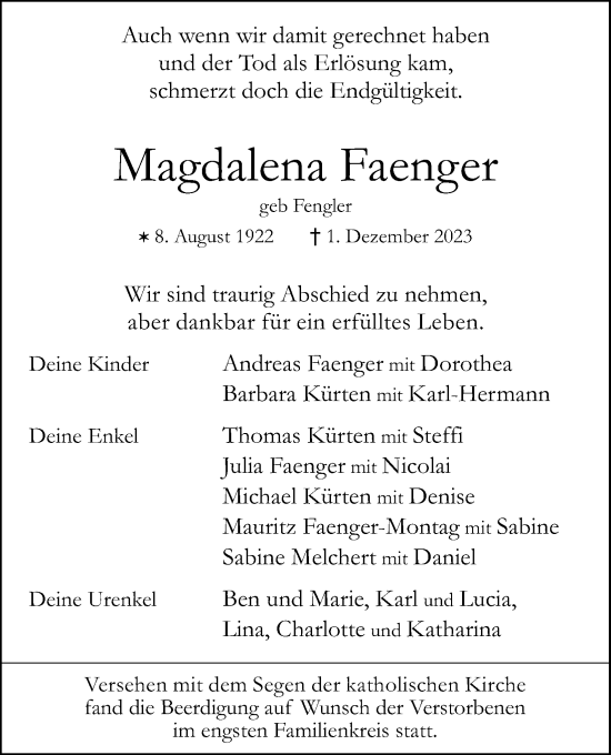 Anzeige von Magdalena Faenger von Kölner Stadt-Anzeiger / Kölnische Rundschau / Express