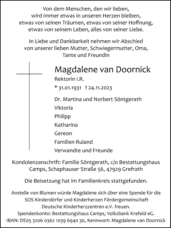 Anzeige von Magdalene van Doornick von Kölner Stadt-Anzeiger / Kölnische Rundschau / Express