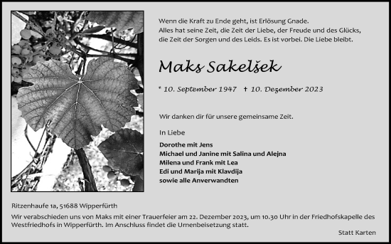 Anzeige von Maks Sakelsek von Kölner Stadt-Anzeiger / Kölnische Rundschau / Express