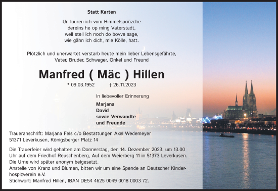 Anzeige von Manfred Hillen von Kölner Stadt-Anzeiger / Kölnische Rundschau / Express