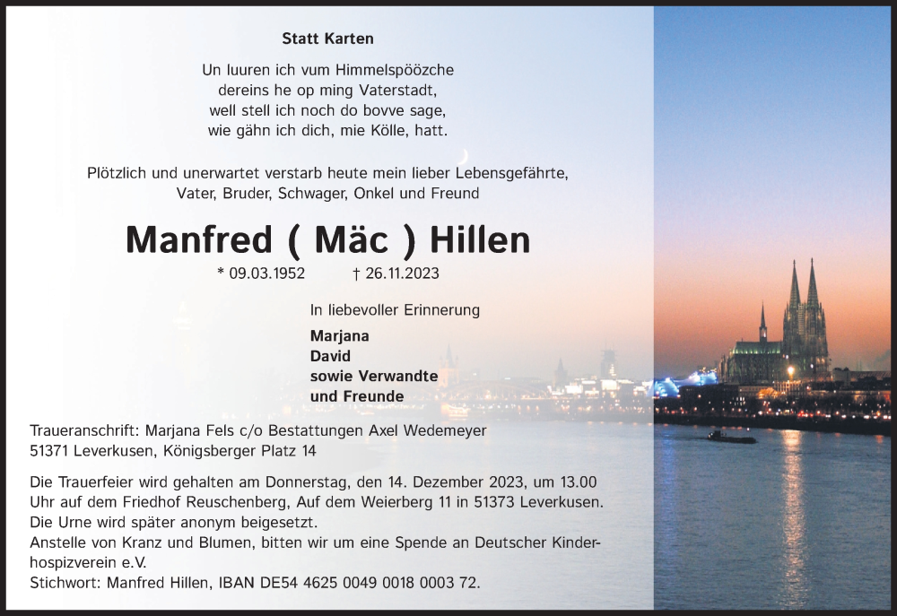  Traueranzeige für Manfred Hillen vom 09.12.2023 aus Kölner Stadt-Anzeiger / Kölnische Rundschau / Express