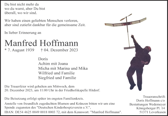 Anzeige von Manfred Hoffmann von Kölner Stadt-Anzeiger / Kölnische Rundschau / Express