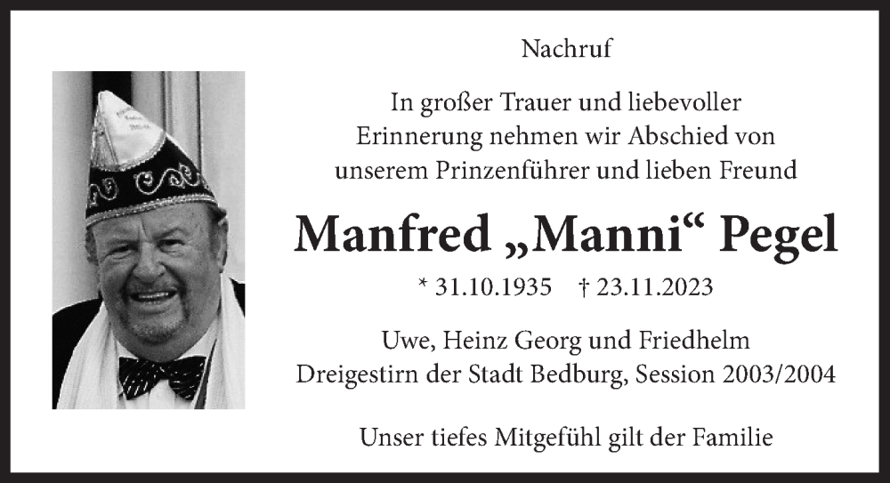 Traueranzeige für Manfred Pegel vom 15.12.2023 aus  Werbepost 