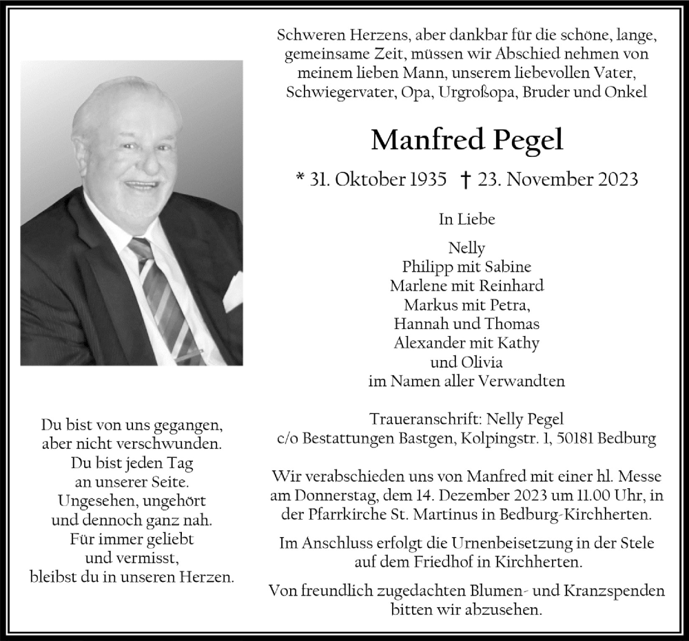  Traueranzeige für Manfred Pegel vom 08.12.2023 aus  Werbepost 