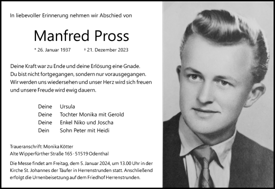 Anzeige von Manfred Pross von Kölner Stadt-Anzeiger / Kölnische Rundschau / Express