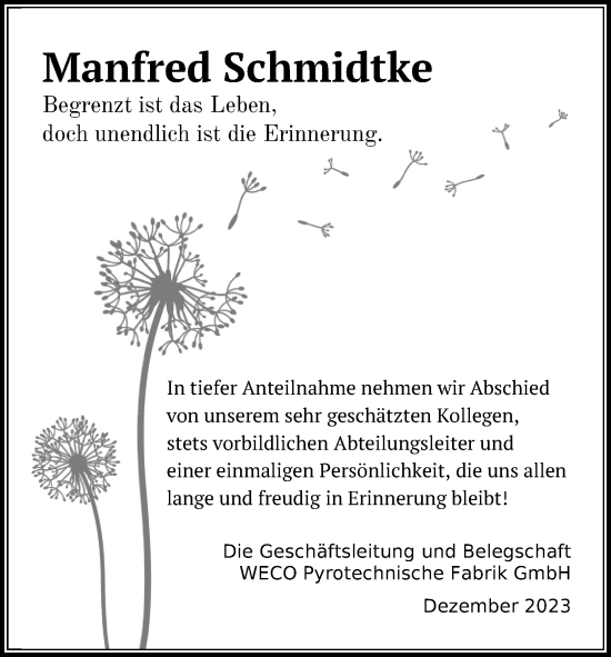 Anzeige von Manfred Schmidtke von Kölner Stadt-Anzeiger / Kölnische Rundschau / Express