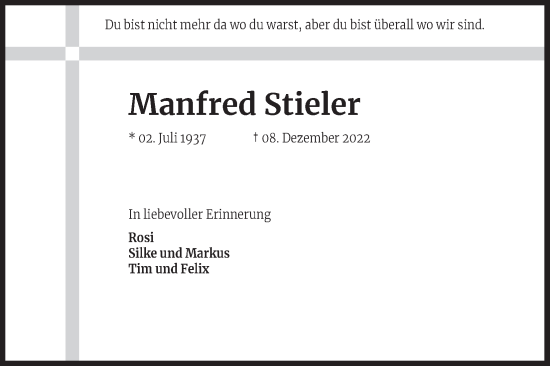 Anzeige von Manfred Stieler von Kölner Stadt-Anzeiger / Kölnische Rundschau / Express