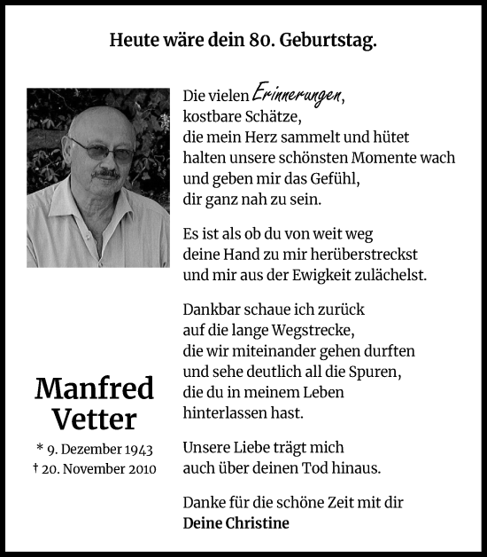 Anzeige von Manfred Vetter von Kölner Stadt-Anzeiger / Kölnische Rundschau / Express