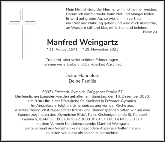 Anzeige von Manfred Weingartz von  Werbepost 