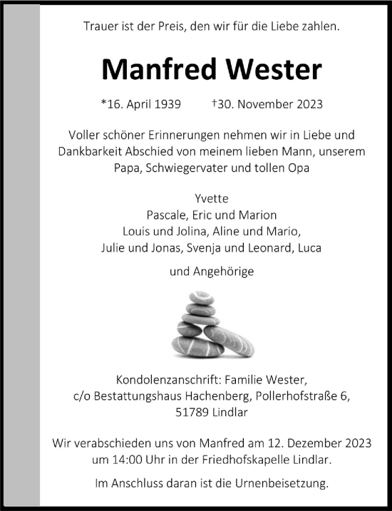 Anzeige von Manfred Wester von  Anzeigen Echo 