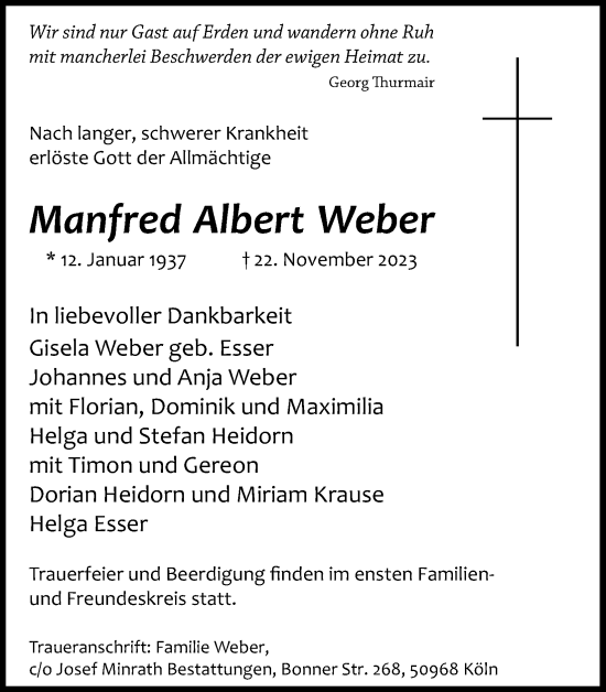 Anzeige von Manfred Albert Weber von Kölner Stadt-Anzeiger / Kölnische Rundschau / Express
