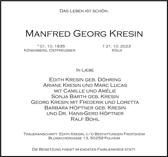 Anzeige von Manfred Georg Kresin von Kölner Stadt-Anzeiger / Kölnische Rundschau / Express