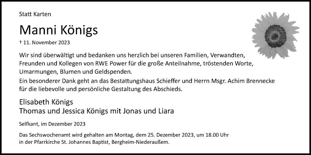  Traueranzeige für Manni Königs vom 16.12.2023 aus Kölner Stadt-Anzeiger / Kölnische Rundschau / Express
