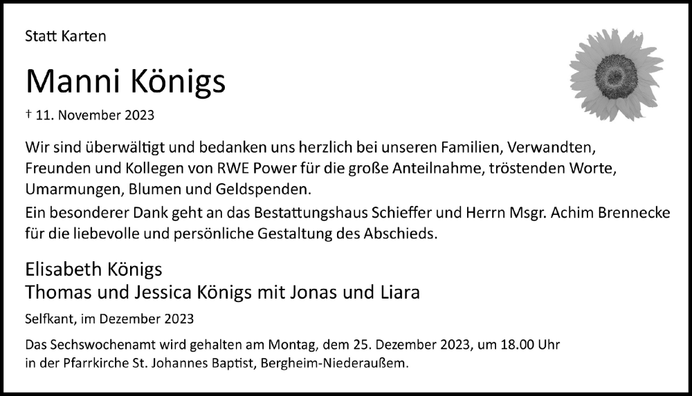  Traueranzeige für Manni Königs vom 15.12.2023 aus  Werbepost 