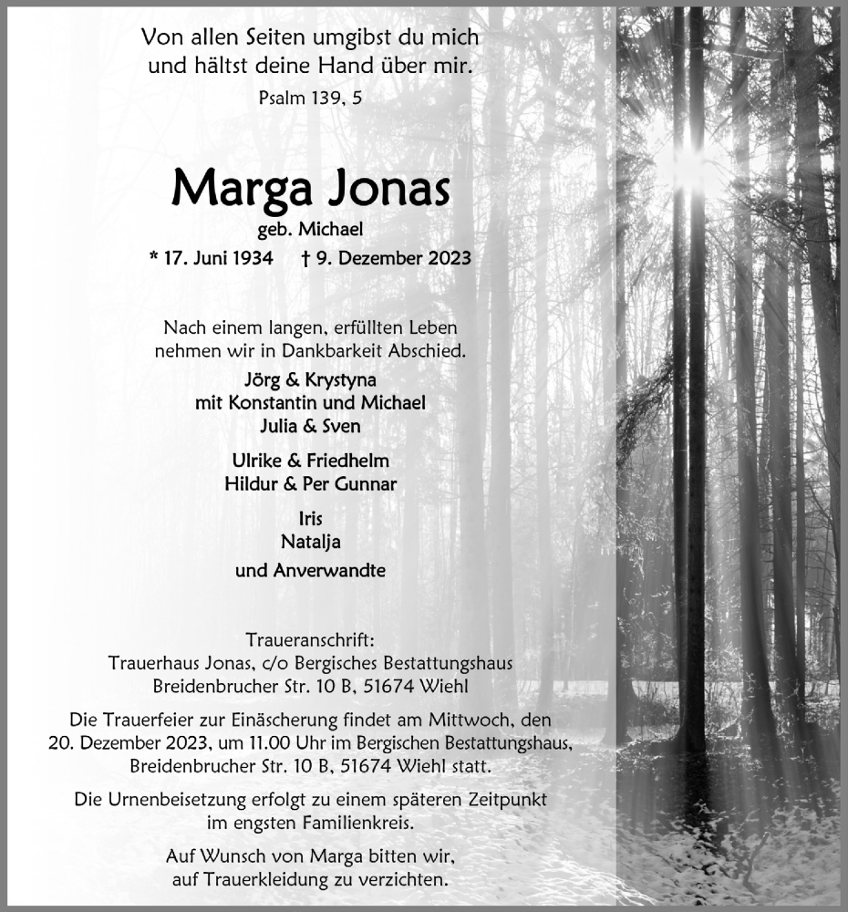  Traueranzeige für Marga Jonas vom 15.12.2023 aus  Anzeigen Echo 