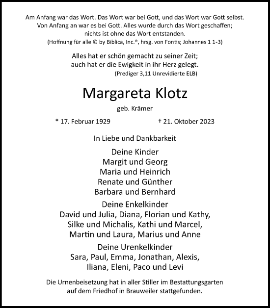 Anzeige von Margareta Klotz von Kölner Stadt-Anzeiger / Kölnische Rundschau / Express