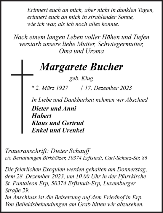 Anzeige von Margarete Bucher von  Werbepost 