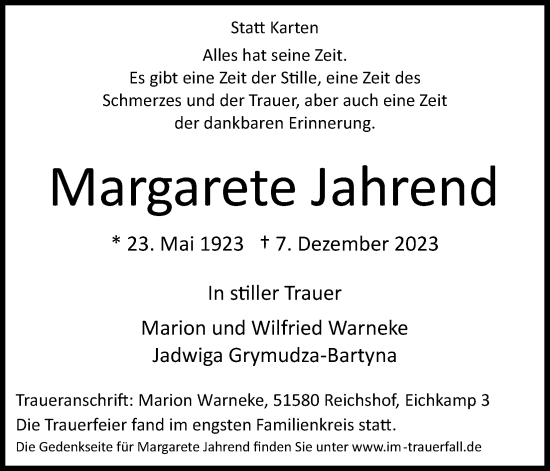 Anzeige von Margarete Jahrend von Kölner Stadt-Anzeiger / Kölnische Rundschau / Express