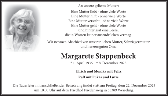 Anzeige von Margarete Stappenbeck von  Schlossbote/Werbekurier 