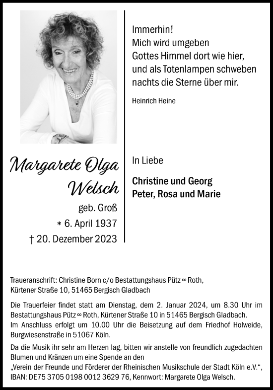 Anzeige von Margarete Olga Welsch von Kölner Stadt-Anzeiger / Kölnische Rundschau / Express