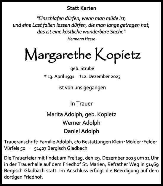 Anzeige von Margarethe Kopietz von Kölner Stadt-Anzeiger / Kölnische Rundschau / Express