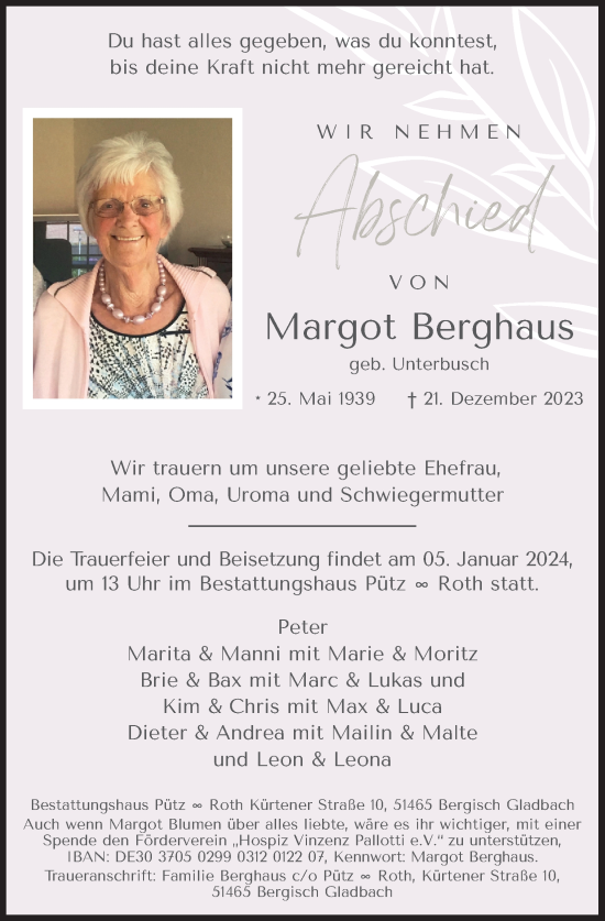 Anzeige von Margot Berghaus von Kölner Stadt-Anzeiger / Kölnische Rundschau / Express