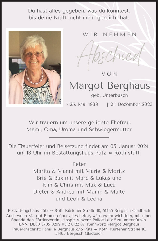  Traueranzeige für Margot Berghaus vom 30.12.2023 aus Kölner Stadt-Anzeiger / Kölnische Rundschau / Express