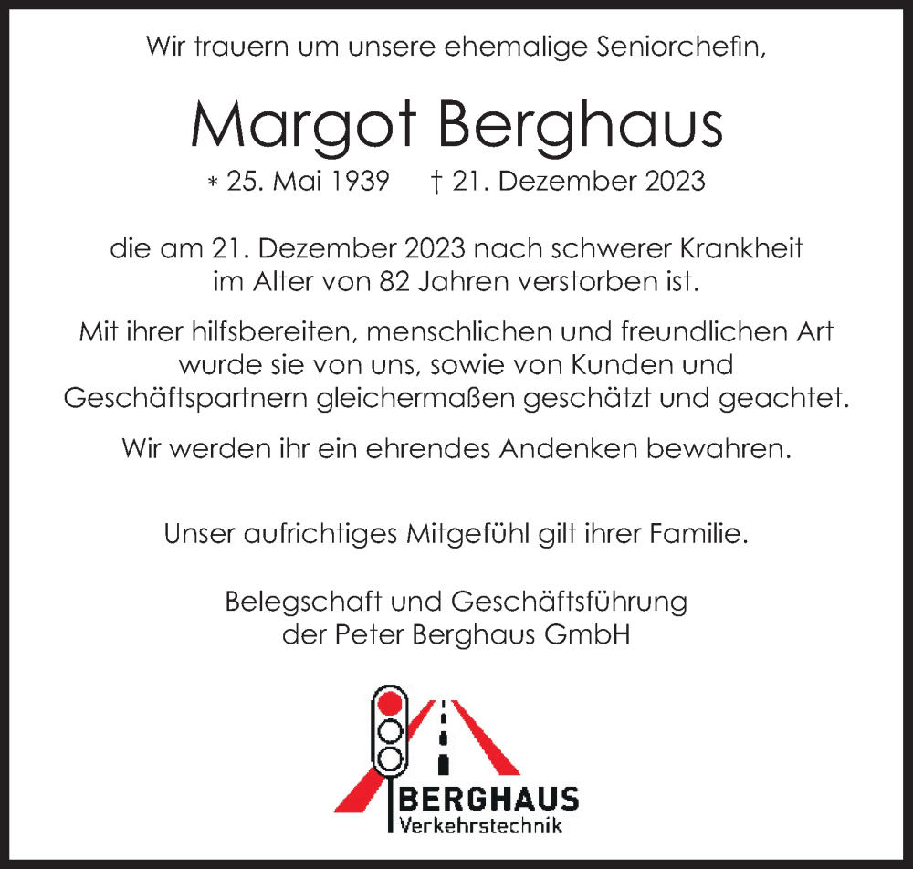  Traueranzeige für Margot Berghaus vom 30.12.2023 aus Kölner Stadt-Anzeiger / Kölnische Rundschau / Express