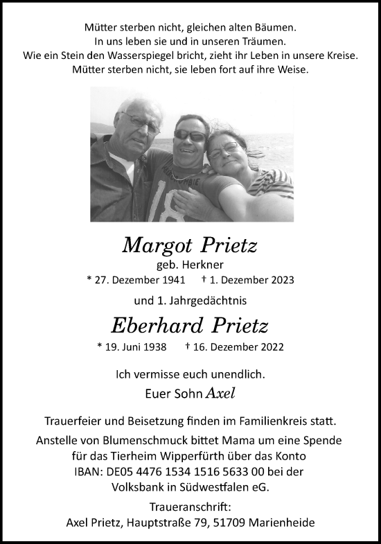 Anzeige von Margot Prietz von Kölner Stadt-Anzeiger / Kölnische Rundschau / Express