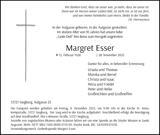 Anzeige von Margret Esser von Kölner Stadt-Anzeiger / Kölnische Rundschau / Express