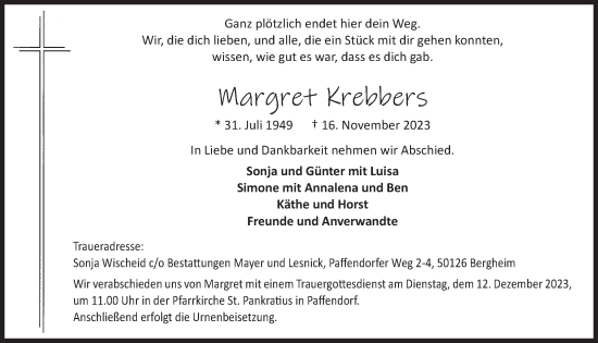 Anzeige von Margret Krebbers von  Werbepost 