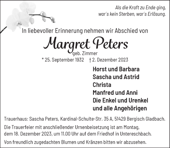 Anzeige von Margret  Peters von  Bergisches Handelsblatt 