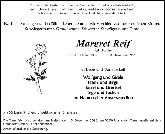 Anzeige von Margret Reif von Kölner Stadt-Anzeiger / Kölnische Rundschau / Express