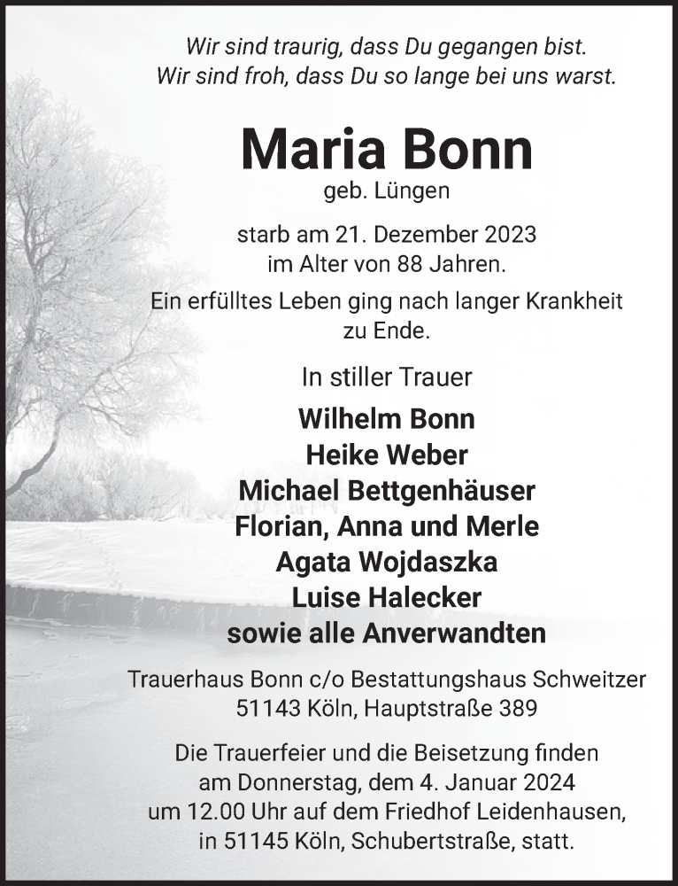  Traueranzeige für Maria Bonn vom 29.12.2023 aus  EXPRESS - Die Woche 