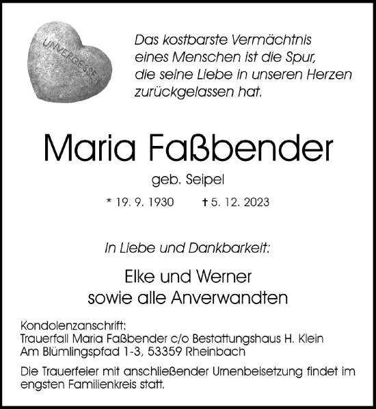 Anzeige von Maria Faßbender von  Schaufenster/Blickpunkt 