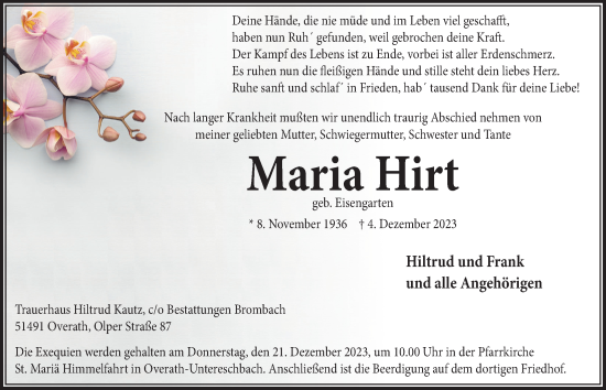 Anzeige von Maria Hirt von  Bergisches Handelsblatt 