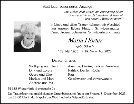 Anzeige von Maria Hörter von Kölner Stadt-Anzeiger / Kölnische Rundschau / Express
