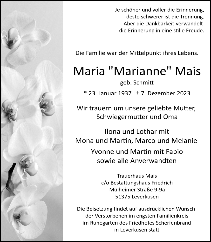  Traueranzeige für Maria Mais vom 16.12.2023 aus Kölner Stadt-Anzeiger / Kölnische Rundschau / Express