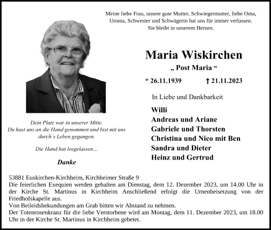 Anzeige von Maria Wiskirchen von Kölner Stadt-Anzeiger / Kölnische Rundschau / Express