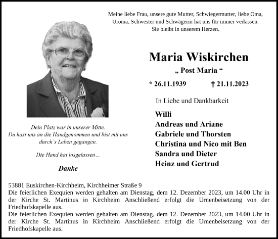 Anzeige von Maria Wiskirchen von  Blickpunkt Euskirchen 
